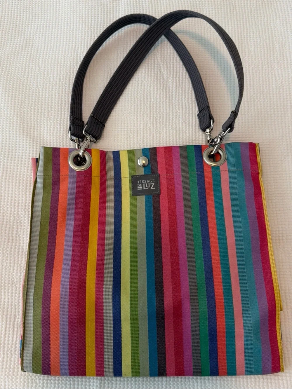 Tissage de Luz French Basque Canvas Multicolor Stripe Tote Bag w/ Black Handles